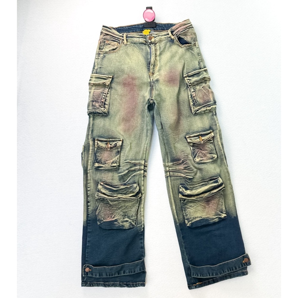 Daisy Tie Dye Cargo Painter Jeans Multi Pocket Y2K Wide Leg Women's XL